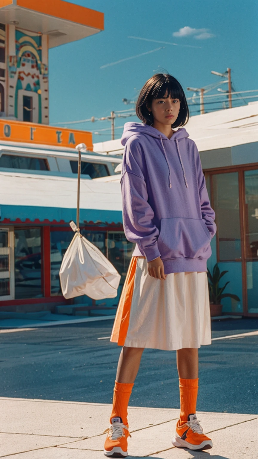 analog film photo cinematic photograph long shot portraits by Wes Anderson, cute 23 yo girl ,fokus, bokeh ,wear ((orange color oversized_hoodie)), wear ((purple tennis skirt)),looking front,Best Quality,Masterpiece,Ultra High Resolution,(Realisticity:1.4),Original Photo, 1Girl, light leak,ultra high resolution,UHD,beautiful, (black bob hair), almond eye, no makeup, in front of (80's mondrian architecture motel), (realistic:1.2), (surreal:1.3), (very detailed:1.1), ((masterpiece)),summer, blue sky, palm trees,sunny, los angles vibes,film camera, 800mm lens,style of Philip Lorca diCorcia