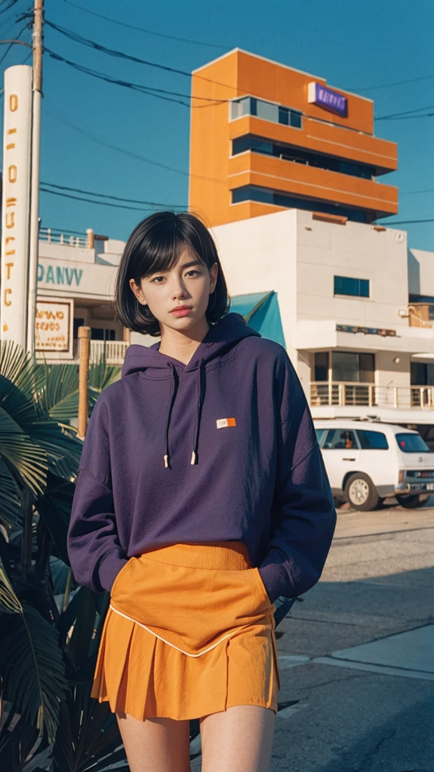 analog film photo cinematic photograph long shot portraits by Wes Anderson, cute 23 yo girl ,fokus, bokeh ,wear ((orange color oversized_hoodie)), wear ((purple tennis skirt)),looking front,Best Quality,Masterpiece,Ultra High Resolution,(Realisticity:1.4),Original Photo, 1Girl, light leak,ultra high resolution,UHD,beautiful, (black bob hair), almond eye, no makeup, in front of (80's mondrian architecture motel), (realistic:1.2), (surreal:1.3), (very detailed:1.1), ((masterpiece)),summer, blue sky, palm trees,sunny, los angles vibes,film camera, 800mm lens,style of Philip Lorca diCorcia
