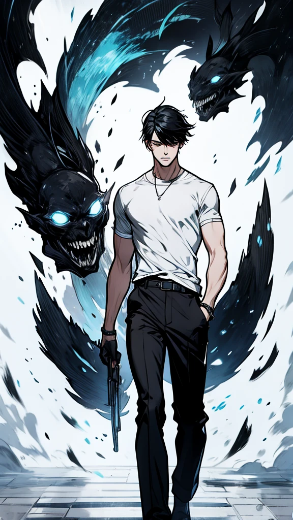 {{1boy}}, {{male focus}}, black hair, handsome,  [[artist:ningen_mame], artist:ciloranko, [artist:sho_(sho_lwlw)], {{artist:Murata Yusuke}}, [[tianliang duohe fangdongye]], [[artist:rhasta]] , {{{cold colors dim lighting}}} , hyper detail, best quality, amazing quality,{{{masterpiece}}}, {{slim body}},  short sleeves, Modern clothing, white background, dystopia, full body