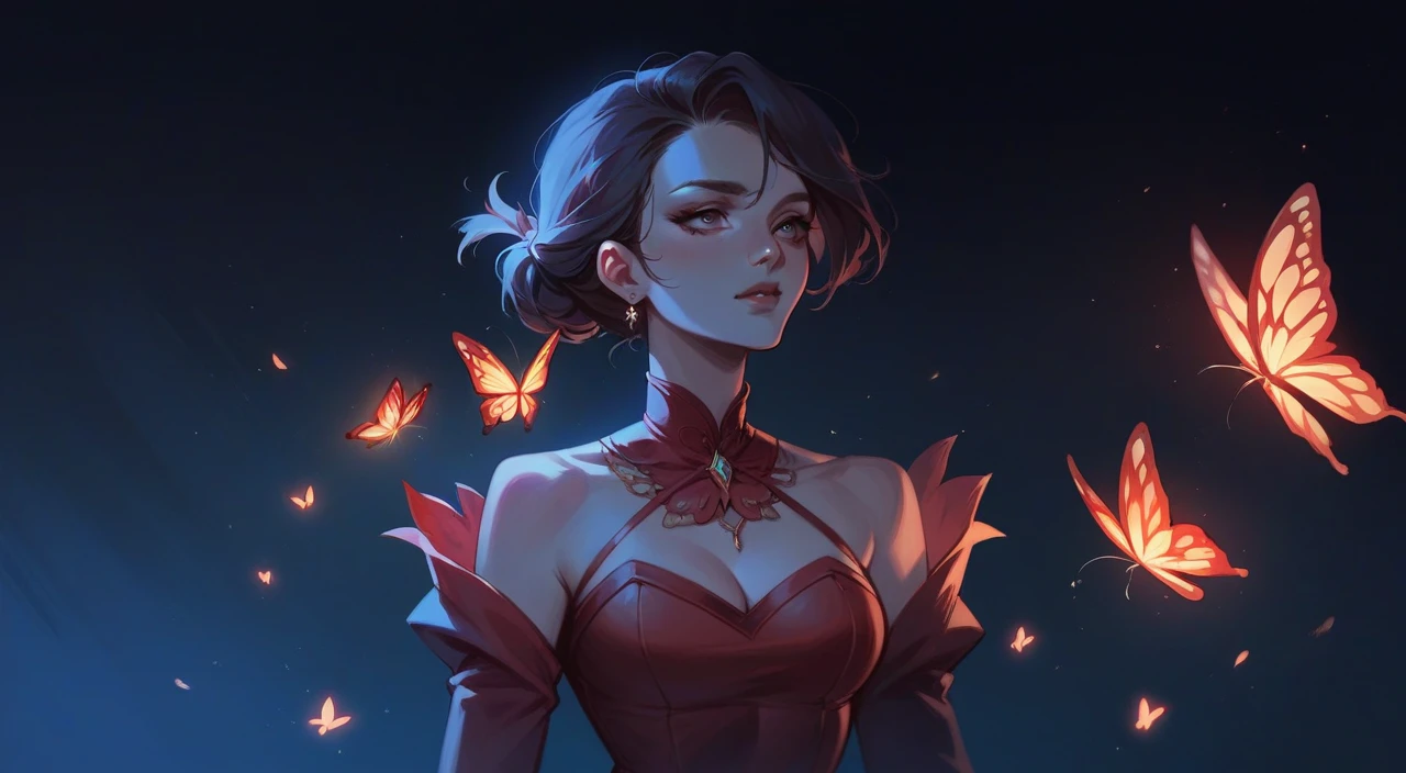 Woman in red dress and butterfly