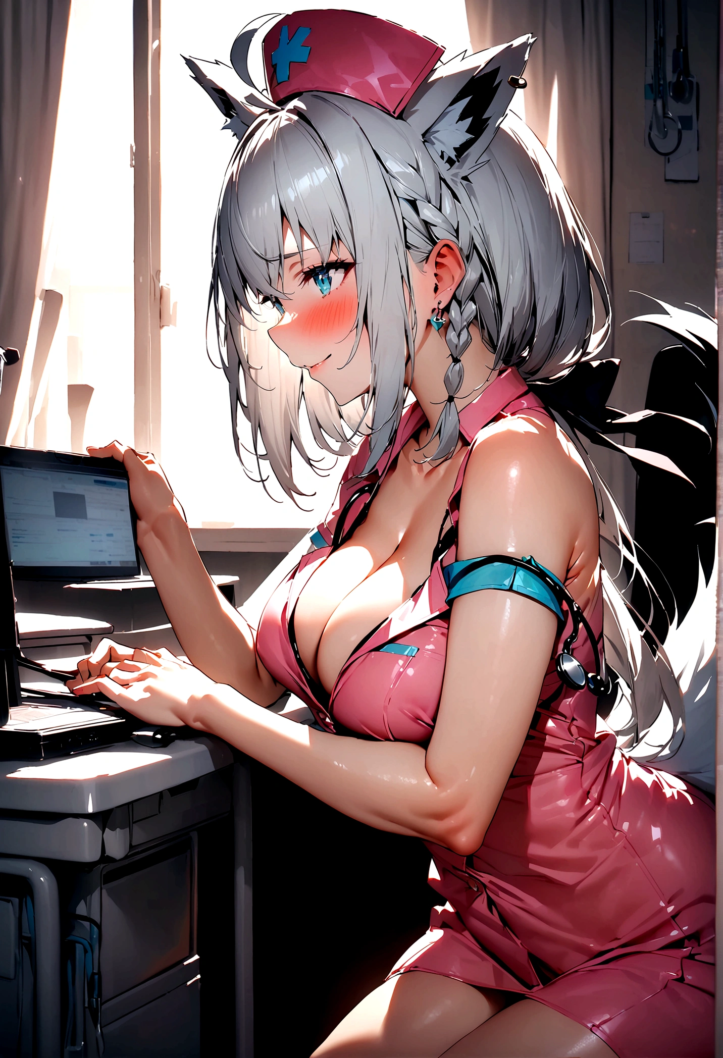 NSFW,masterpiece,Highest quality,High resolution,Super detailed,Shirakami Fubuki\(Hololive\),Gray Hair、One-sided braid、Ahoge、Earrings,Fox ears,Fox tail,nurse,Pink see-through nurse uniform,Nurse cap,Stethoscope,Embarrassed,blush,Expecting face,Bewitching Smile,Sexy look,Hospital at night,Examination room,desk,pc,Chair,(Seduce),Cleavage,examine,Chairに座っている,From the side