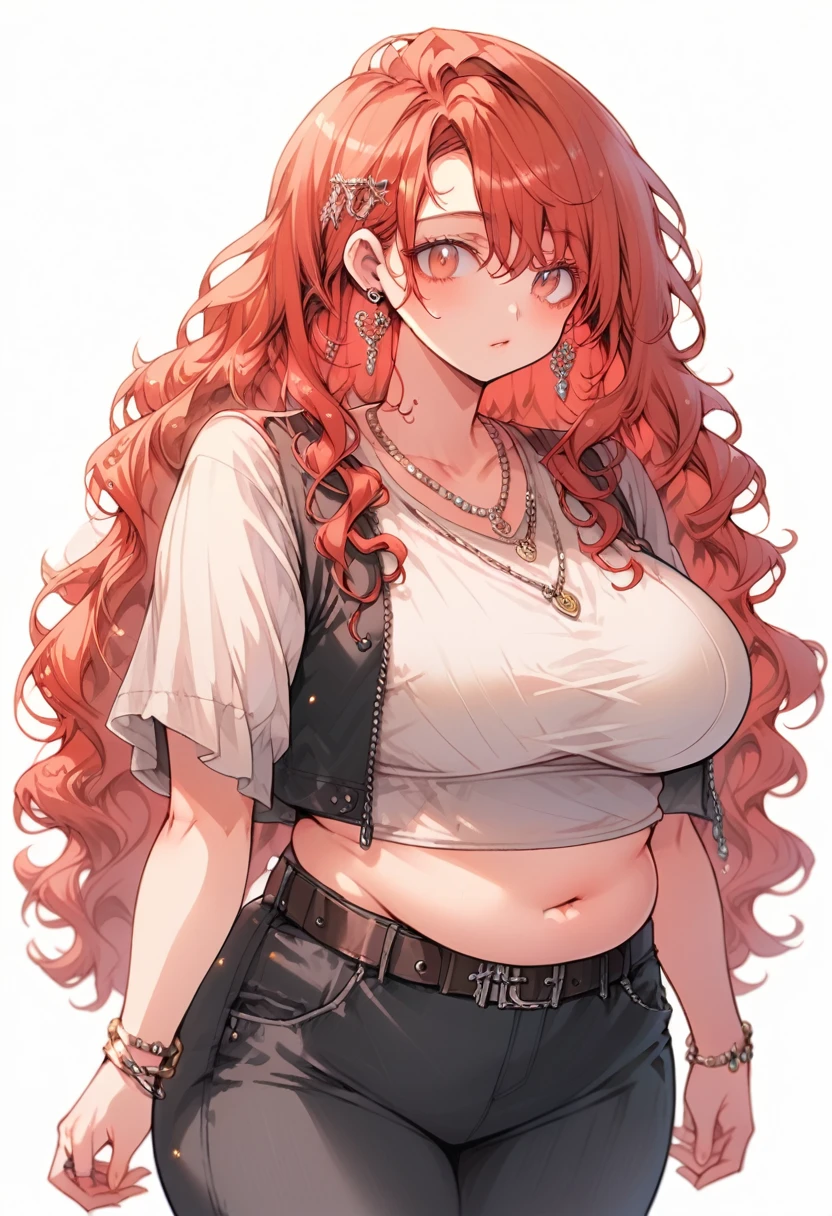 Curvy anime girl, overweight fat girl, pretty anime girl, beautiful chubby anime girl, big tummy, large breasts, wide hips, curvy butt, stomach rolls, stomach bump, fashionable, cool clothes, fun clothes, fashion, accessories, jacket, jewelry, bracelet, earrings, necklace, rings, accessories, belt, skirt, dress, pants, shirt, long shirt, low cut tshirt, baggy shirt, confident, cool fashionable girl, attractive, cool, hot woman, long wavy red hair hair, long hair, red, bright colored hair, wavy hair, long hair, waist long hair