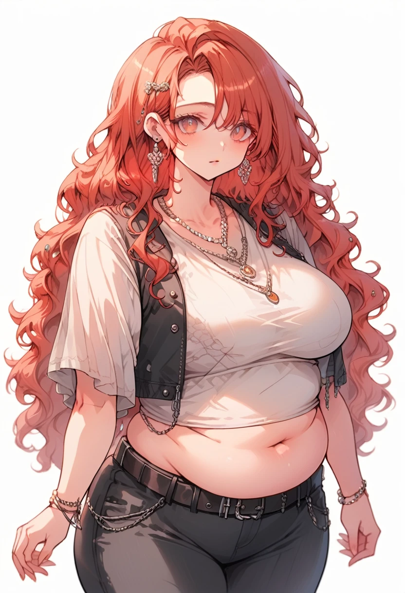 Curvy anime girl, overweight fat girl, pretty anime girl, beautiful chubby anime girl, big tummy, large breasts, wide hips, curvy butt, stomach rolls, stomach bump, fashionable, cool clothes, fun clothes, fashion, accessories, jacket, jewelry, bracelet, earrings, necklace, rings, accessories, belt, skirt, dress, pants, shirt, long shirt, low cut tshirt, baggy shirt, confident, cool fashionable girl, attractive, cool, hot woman, long wavy red hair hair, long hair, red, bright colored hair, wavy hair, long hair, waist long hair