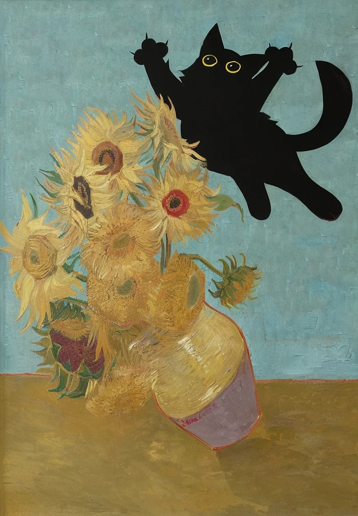 A painting of a cat and sunflowers in a vase with a cat, in a A painting of a cat, a A painting of a cat, vincent, author：Sugimura Jihei, van gogh画作, vincent van gogh画作, van gogh, author：shore long, van gogh, Cat&#39;s masterpiece, A painting of a cat, photo courtesy museum of art