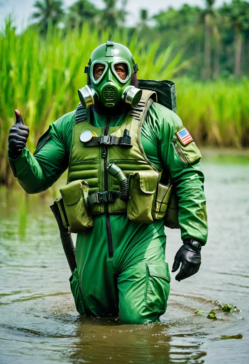 (a dark-skinned bearded chubby old man in green zipper pilot suit), wearing rescue gear, wearing green army pilot helmet and gas mask, swimming in a swamp, thumbs up, shooting with a gun, imposing physique, muscular, toned muscles, Basuki Abdullah, sumatraism, action, a character portrait, heroic, fierce, angry, intense