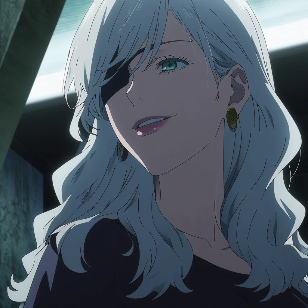1girl, female gojo satoru, anime screencap from jujutsu kaisen, gojo satoru female version, solo, long_hair, black blindfold ((White_hair, wavy hair)), night view, (hanging breasts) upper_body, smile, indoors, book, lips, (slightly wavy hair) ((wearing casual outfit)) breast, "very detailed and high resolution" (black blindfold) ((shoulder length wavy hair)) ((solo)) (front view) (earings) ((high resolution)) ((good quality)) ((swept bangs))