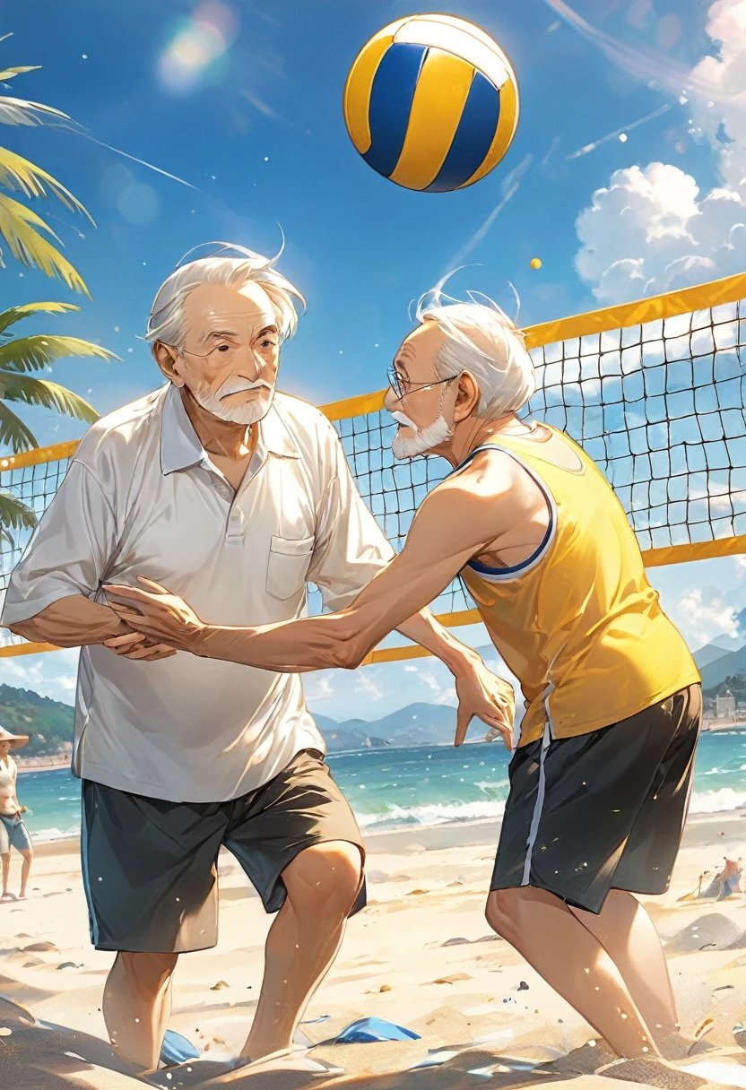 Old Man Playing Beach Volleyball（（（masterpiece）））， （（best quality））