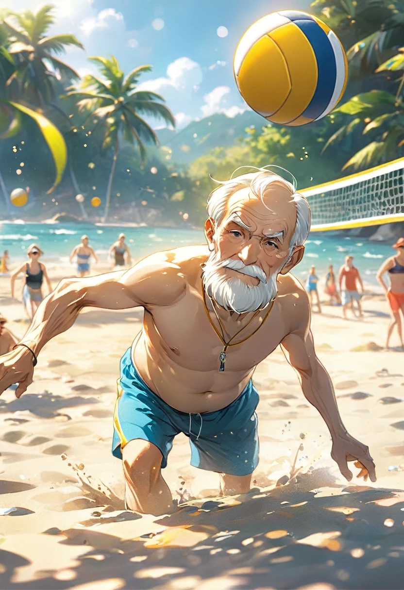 Old Man Playing Beach Volleyball（（（masterpiece）））， （（best quality））