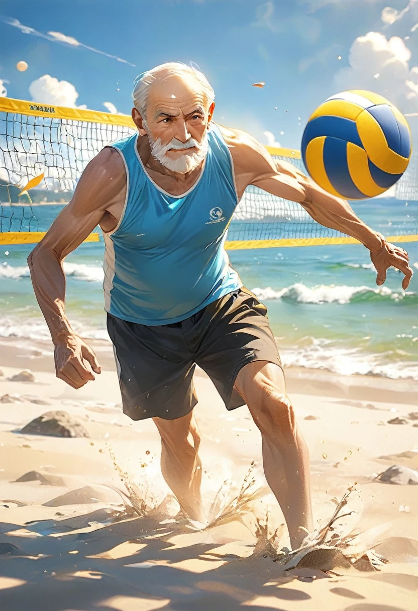 Old Man Playing Beach Volleyball（（（masterpiece）））， （（best quality））