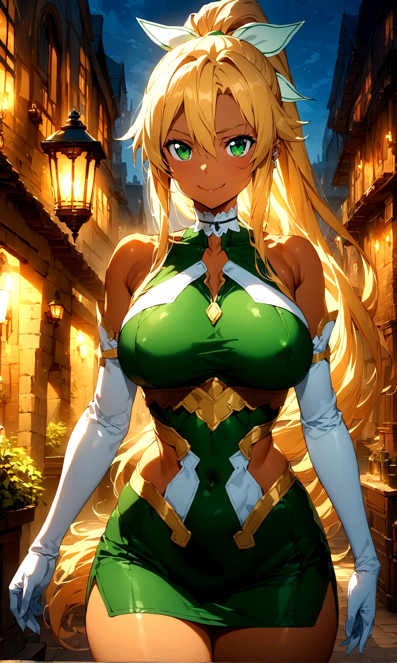 ((greatest masterpiece:1.3, ultimate quality:1.3, ultra-detailed:1.2)), (movie lighting), ((perfectly sensual)), super fine illustration, an extremely delicate and beautiful, 4K, 8K, 16K, UHD, 1girl, Leafa\(Sword Art Online\), blonde hair, long hair, ponytail, hair ribbon, emerald green eyes, large breasts, curvaceous female figure, anatomically perfect, intricately detailed beautiful face,, voluptuous, well-proportioned feminine body, anatomically perfect, detailed beautiful face, radiant smile, bag, looking at viewer, outdoors, smirk, (dark skin:1.2), (dark-skinned female:1.2), microdress, bodycon, o-rings, miniskirt, waist cutout, bangs, day, collarbone, earclip, bare shoulders, elbow gloves, asymmetrical bangs, upper body