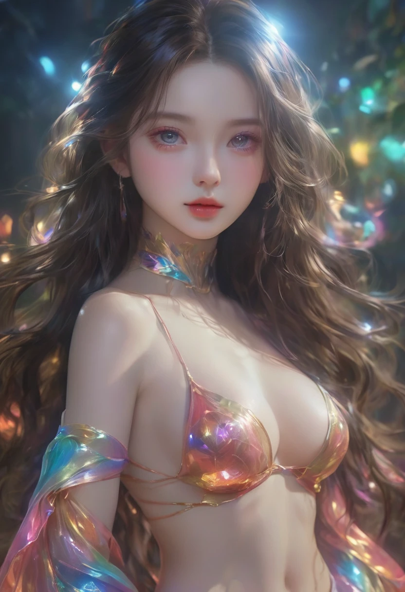 Top quality, top official art, beautiful and aesthetic masterpiece, highest level of detail, artwork is 4K, 8K, High Resolution, (Photorealistic: 1.5), Sharp Focus, 1girl, (((Full Body Shot))), Ultra Detailed Illustration of Female Silhouette, Fantastic Figure, Beautiful Face, Detailed and Perfect Face, Big and Even Eyes, Perfect Proportion, Huge Breasts, Thin Waist, Navel, Wide Hips, Crotch Gap, Sexy Thighs, (Dynamic Pose: 1.3), (Changing Pose: 1.5), (Dynamic Angle: 1.3), (((Translucent Skin: 1.5))), (((Translucent Body: 1.5))), Neon Light, Light Particles, Colorful, CMYK Color, Backlight,