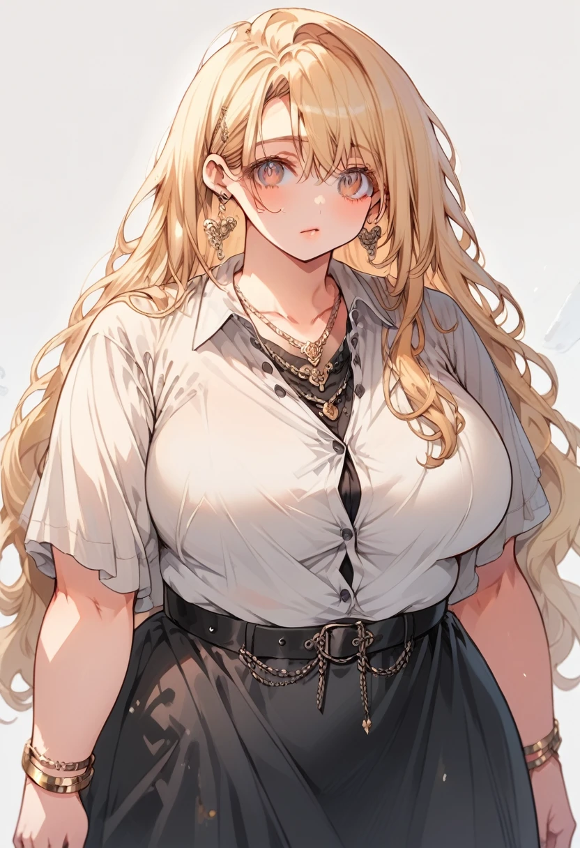 Curvy anime girl, overweight fat girl, pretty anime girl, beautiful chubby anime girl, big tummy, large breasts, wide hips, curvy butt, stomach rolls, stomach bump, fashionable, cool clothes, fun clothes, fashion, accessories, jewelry, bracelet, earrings, necklace, rings, accessories, belt, skirt, dress, shirt, long shirt, low cut button up shirt and skirt, baggy shirt, confident, cool fashionable girl, attractive, cool, hot woman, long straight blonde hair, long hair, blonde, light colored hair, straight hair, long hair, waist long hair