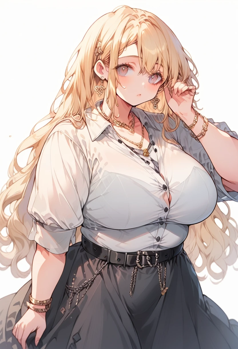 Curvy anime girl, overweight fat girl, pretty anime girl, beautiful chubby anime girl, big tummy, large breasts, wide hips, curvy butt, stomach rolls, stomach bump, fashionable, cool clothes, fun clothes, fashion, accessories, jewelry, bracelet, earrings, necklace, rings, accessories, belt, skirt, dress, shirt, long shirt, low cut button up shirt and skirt, baggy shirt, confident, cool fashionable girl, attractive, cool, hot woman, long straight blonde hair, long hair, blonde, light colored hair, straight hair, long hair, waist long hair