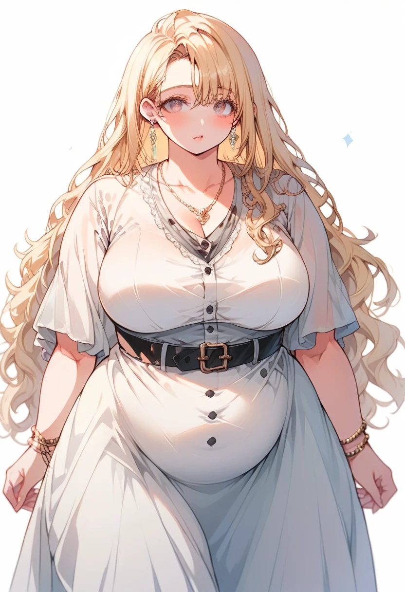 Curvy anime girl, overweight fat girl, pretty anime girl, beautiful chubby anime girl, big tummy, large breasts, wide hips, curvy butt, stomach rolls, stomach bump, fashionable, cool clothes, fun clothes, fashion, accessories, jewelry, bracelet, earrings, necklace, rings, accessories, belt, skirt, dress, shirt, long shirt, low cut button up shirt and skirt, baggy shirt, confident, cool fashionable girl, attractive, cool, hot woman, long straight blonde hair, long hair, blonde, light colored hair, straight hair, long hair, waist long hair