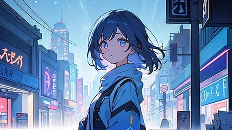 girl, , Upper Body, front, (Eyes Wide Open:1.2), midnight,City,Buildings lined up,Apparel Shop, Store Lighting, Brilliant lights,Blue background, Particles of light,