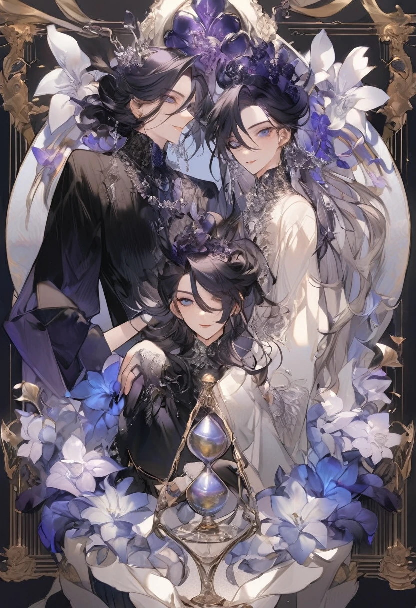 Feminine boy, soft womanish facial features, smile, squinted siren dark blue eyes without glare, silver ans dark purple long loose hair with straight bang, fantasy black clothes with blue and purple elements, long black gloves, model, gorgeous, elegant, lots of silver jewelry, flowers in his hair, skinny , hourglass figure, light lipstick, pants