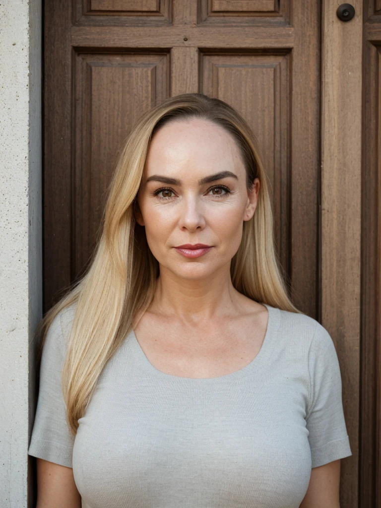 1 girl, (((Gretchen Barretto))), photorealistic photo of Gretchen Barretto, photo of a Swedish woman, (((full lips and wide forehead))), middle age, (((Blonde long straight hair))), (((50-year-old woman))), body of 45-year-old woman, (((wrinkles on her face and body))), dynamic pose, standing, wearing fitted knitted gym coordinates, BACKGROUND: outdoor: door entrance of yoga center
