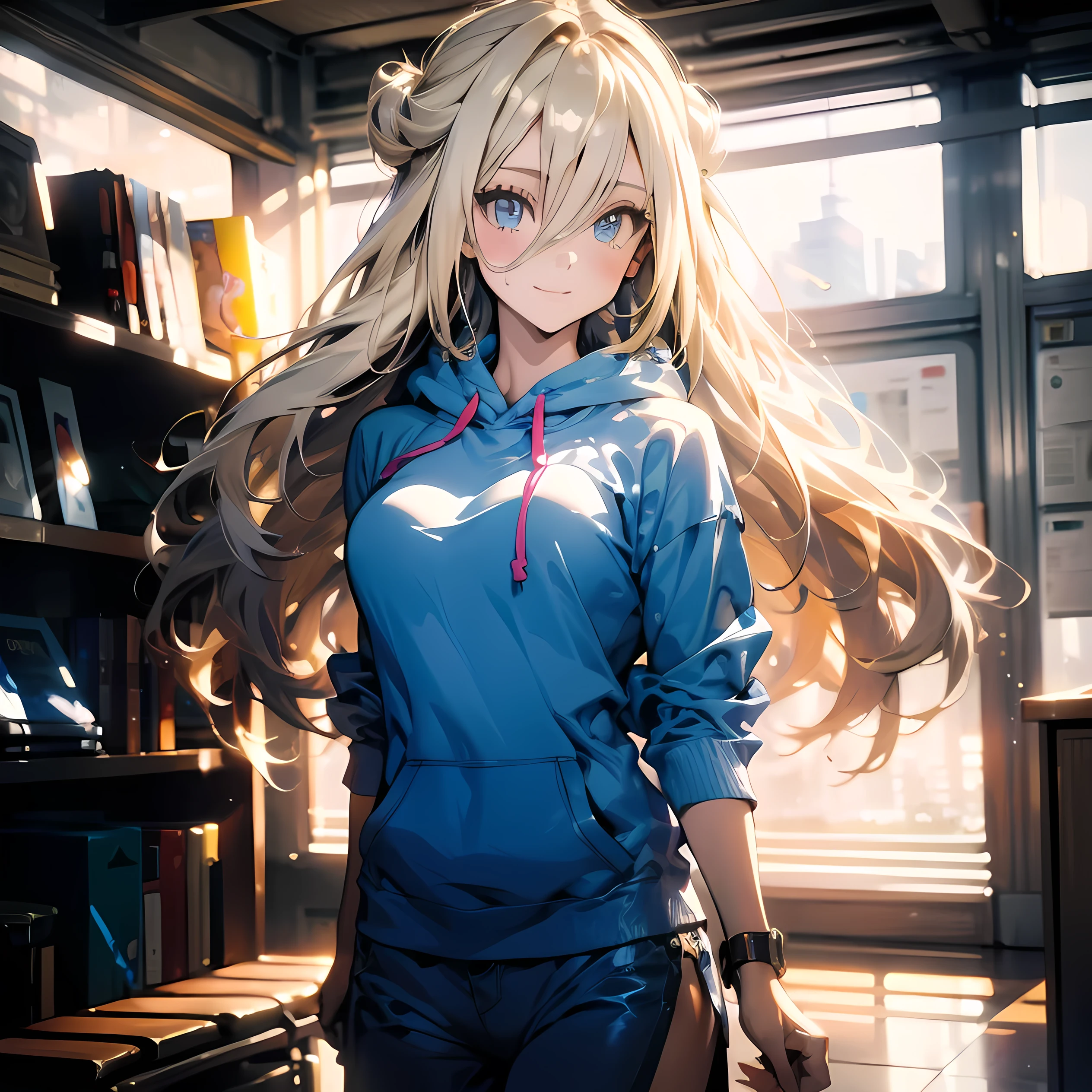 (masterpiece:1.2, best quality,4K), (Very detailed), Gym locker room, 1 Girl, 13-year-old girl, , Long legs, Long hair, Blonde, (White pantielue Sonic the Hedgehog Hoodie)), permanent, Smile, Original Characters, Volumetric Lighting, Best shadow, Shallow depth of field, (best quality, Stunning details:1.25), Colorful paintings