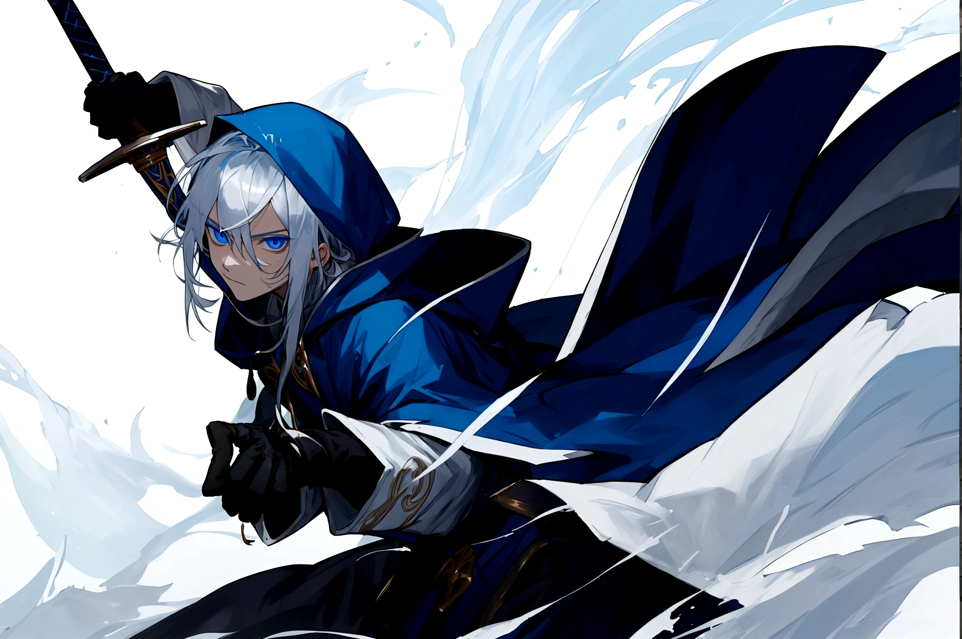 Sorcerer Divine Soul man, he has a silver hair and blue eyes, he wear a hood and wear gloves , hold sword with hand.