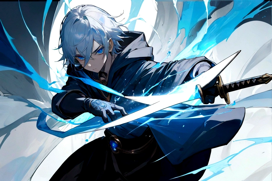 Sorcerer Divine Soul man, he has a silver hair and blue eyes, he wear a hood and wear gloves , hold sword with hand.
