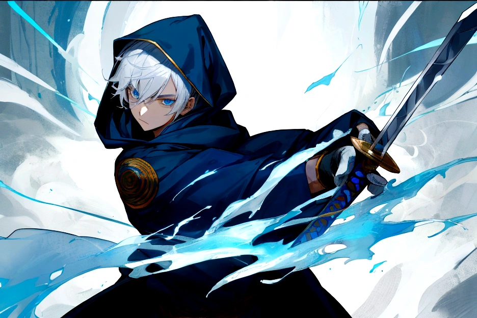 Sorcerer Divine Soul man, he has a silver hair and blue eyes, he wear a hood and wear gloves , hold sword with hand.