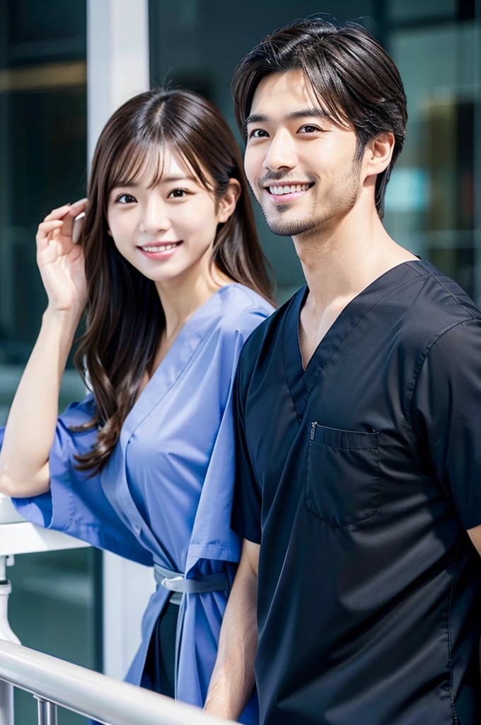 Male dentist and female dental hygienist　２people　A good business partner　日本people　Handsome Men and Beautiful Women　Wear black scrubs　Upper body close-up　high resolution　high resolution　Highest quality　smile　Shooting outside　