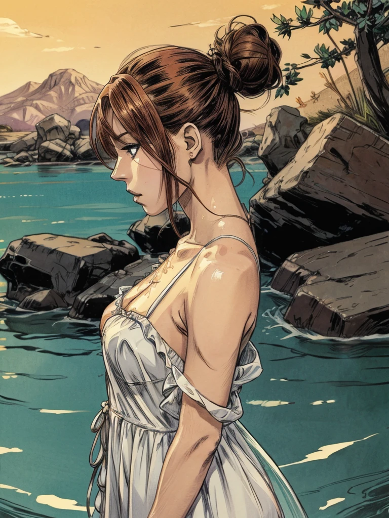 anime artwork beautiful woman wearing a (water dress) Looking over the shoulder in New Vegas, Close-Up, from front, [full body],
frustrated,
Top Knot,
Ginger hair, . anime style, key visual, vibrant, studio anime,  highly detailed, night sultry look, seductive,
