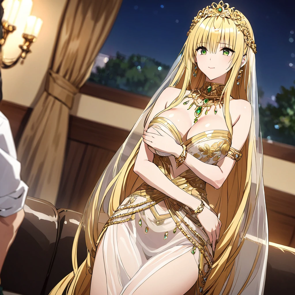 ((Highest quality)), ((masterpiece)), (detailed), （Perfect Face）、The woman and her -yeld dater are standing close together, with the daughter hugging the woman.、The woman was a tiare with green eyes and medium-long blonde hair, and was wearing a luxurious, shiny, gold-colored, long-slit see-through dress with gorgeous embroidery and trim, which allowed her skin to show through, a gold-colored see-through cape, and a gold-colored see-through veil. She was wearing a gorgeous jeweled hair accessory, a jeweled head dress chain, a jeweled waist chain, a gorgeous necklace, bracelets, ankle bracelets, jeweled earrings, and shiny gold boots. She was also wearing an engagement ring.、The woman is sitting on a luxurious sofa in a luxurious room with her 16-year-o daer an man, enjoying a family gathering.、The man is a dignified, bearded, elderly man of great wealth, wearing luxurious clothing with gold embroidery and trim.、The 16-year-old girl, o rbles  woman, is wearing the same clothes as the woman and hugging her mother.