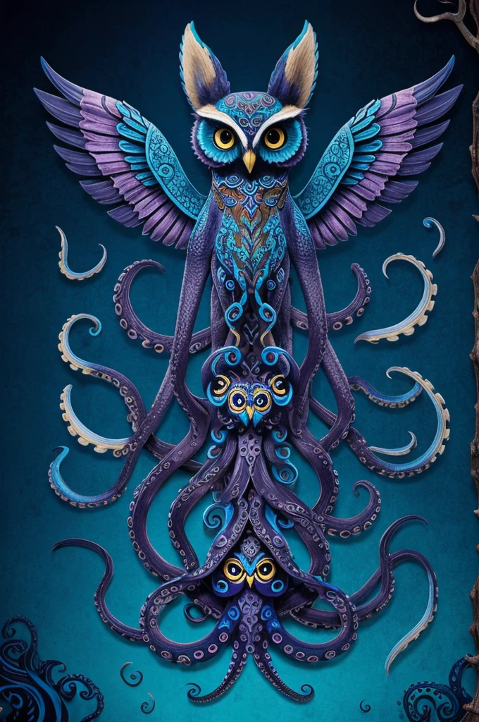 Mexican alebrije in blue tones with: owl face and wings; trunk, wolf ears and body; and 9 tails combined between octopus tentacles and fox tails
