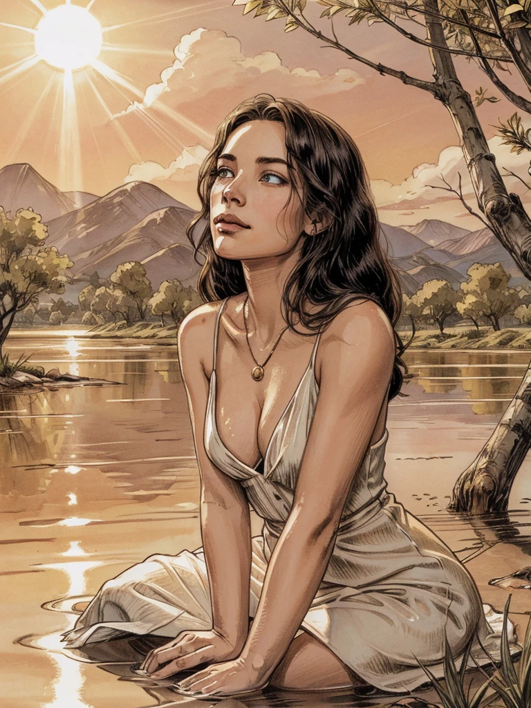 1 girl, serene expression, mesmerizing eyes, straight long hair, flowing dress, poised posture, porcelain skin, subtle blush, crystal pendant
BREAK
golden hour, (rim lighting):1.2, warm tones, sun flare, soft shadows, vibrant colors, painterly effect, dreamy atmosphere
BREAK
scenic lake, distant mountains, willow tree, calm water, reflection, sunlit clouds, peaceful ambiance, idyllic sunset, ultra detailed, official art, unity 8k wallpaper
, zentangle, mandala, night sultry look, seductive,