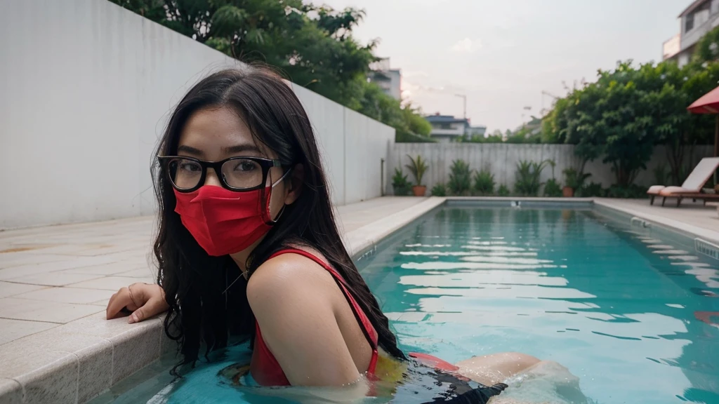 vietnamese girl with red face mask and glasses with red glass, use this face https://www.instagram.com/p/C83x-NMKumt/?utm_source=ig_web_copy_link&igsh=MzRlODBiNWFlZA== , long black hair. chilling in swiming pool, real photo style.