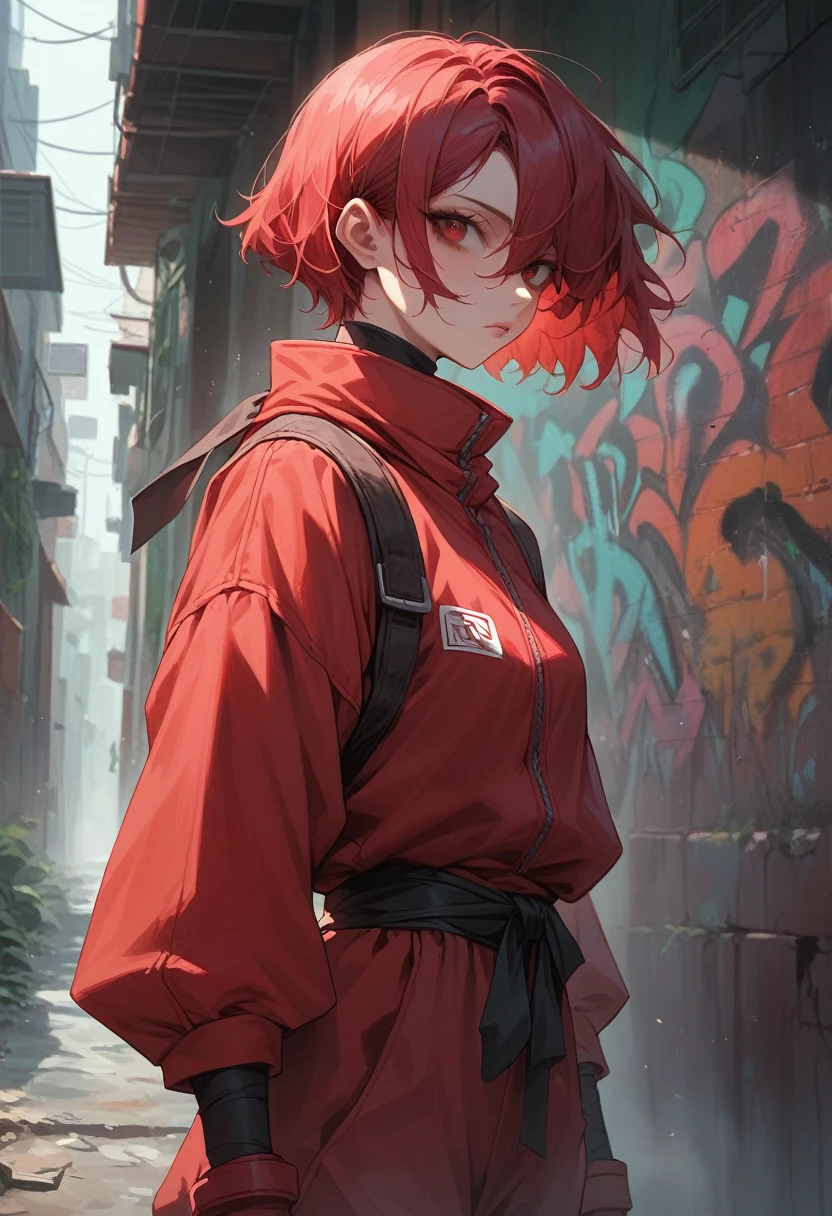 1girl, red ninja suit, hidden face, red hair, red eyes, dark alley, red graffiti, japanese led, fog