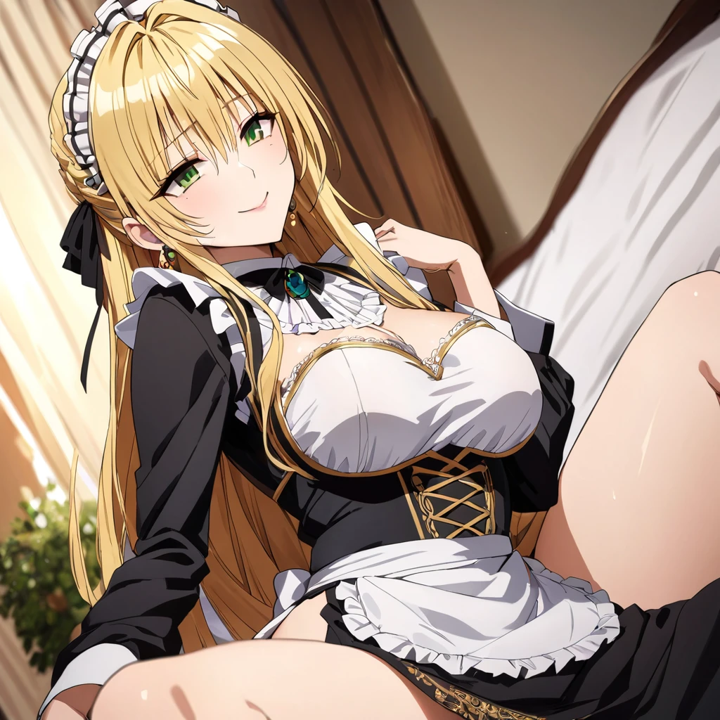 The luxurious and high-class Victorian maid outfit is evenly decorated with gorgeous gold embroidery and edging, and the blouse, apron, and headband also have gorgeous gold embroidery and edging.、((Highest quality)), ((masterpiece)), (detailed), (Perfect Face)、The woman is Tierre, with green eyes, medium-long blonde hair, a Victorian maid outfit and maid headband, jeweled earrings, and an engagement ring.、The woman is smiling fondly in a luxurious room、The Victorian maid uniform is a calm, old-fashioned type with long sleeves and a long skirt, decorated with luxurious gold embroidery and edging.、The woman lies on the bed with her legs openユウワクand soliciting sex