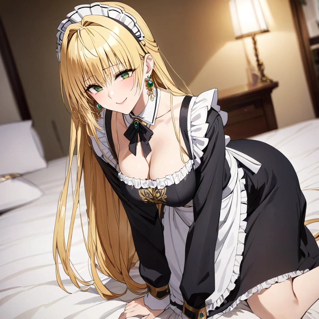 The luxurious and high-class Victorian maid outfit is evenly decorated with gorgeous gold embroidery and edging, and the blouse, apron, and headband also have gorgeous gold embroidery and edging.、((Highest quality)), ((masterpiece)), (detailed), (Perfect Face)、The woman is Tierre, with green eyes, medium-long blonde hair, a Victorian maid outfit and maid headband, jeweled earrings, and an engagement ring.、The woman is smiling fondly in a luxurious room、The Victorian maid uniform is a calm, old-fashioned type with long sleeves and a long skirt, decorated with luxurious gold embroidery and edging.、The woman lies on the bed with her legs openユウワクand soliciting sex