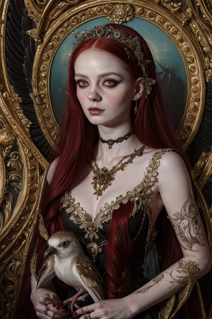 painting of a woman with long red hair holding a bird, detailed 3d gothic oil painting, michael hussar, esao andrews : : ornate, portrait of ****ta, portrait of a mechanical girl, mark ryden in the style of, style of mark ryden, portrait of alice in wonderland, oil painting of princess vulvine, mark ryden highly detailed