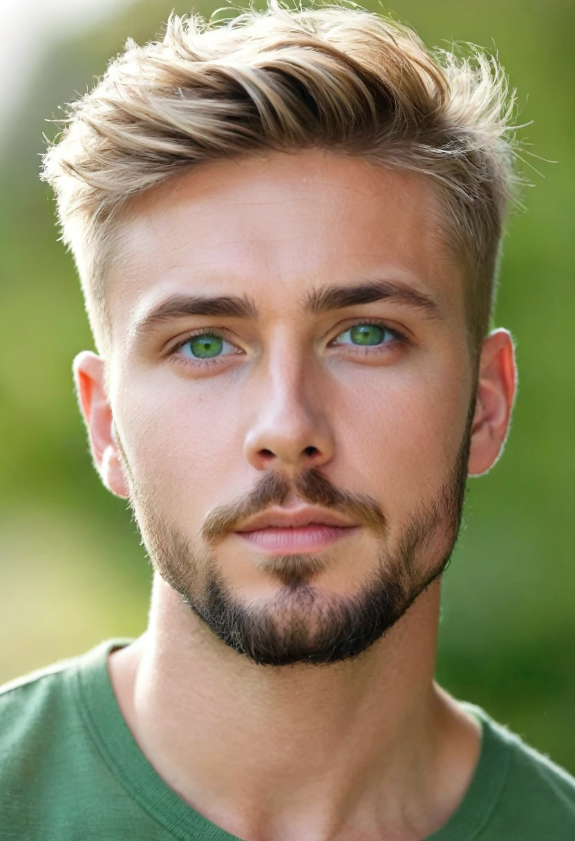 Handsome guy, British, europian, short hair, dark blonde hair, undercut, green eyes, short beard, 30 years old