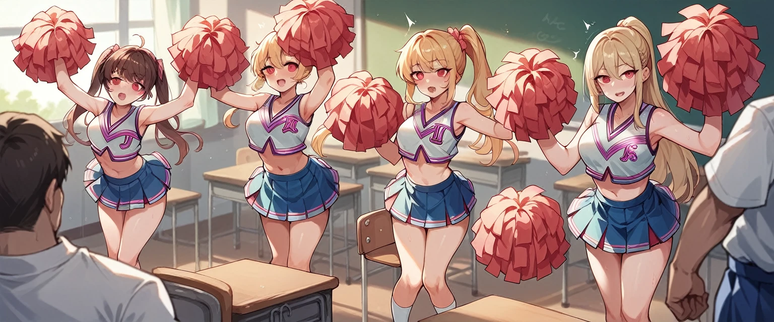 Multiple cheerleaders, red eyes, in classroom, mind control, cheerleader, having passionate group sex
