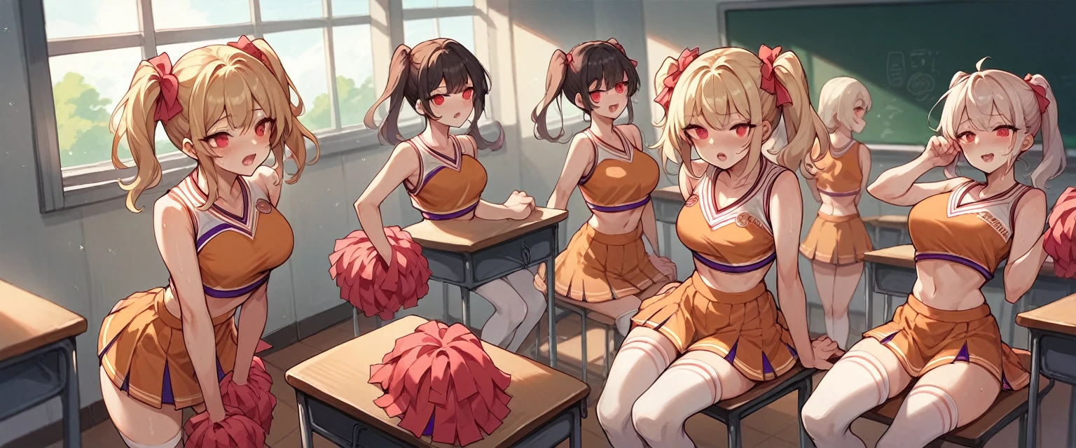 Multiple cheerleaders, red eyes, in classroom, mind control, cheerleader, having passionate group sex