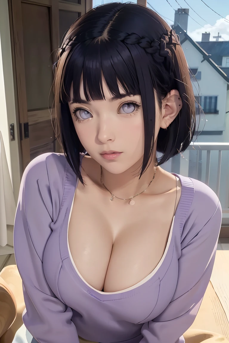 tmasterpiece， best qualityer， ultra - detailed， illustration，1girll，
short hair，dark-blue hair，french braid，Purple eye，bluntbangs，cleavage，Large breasts
sweater
mideum breasts， 
looking at viewert，hyouka/（Boruto/），Detailed lips