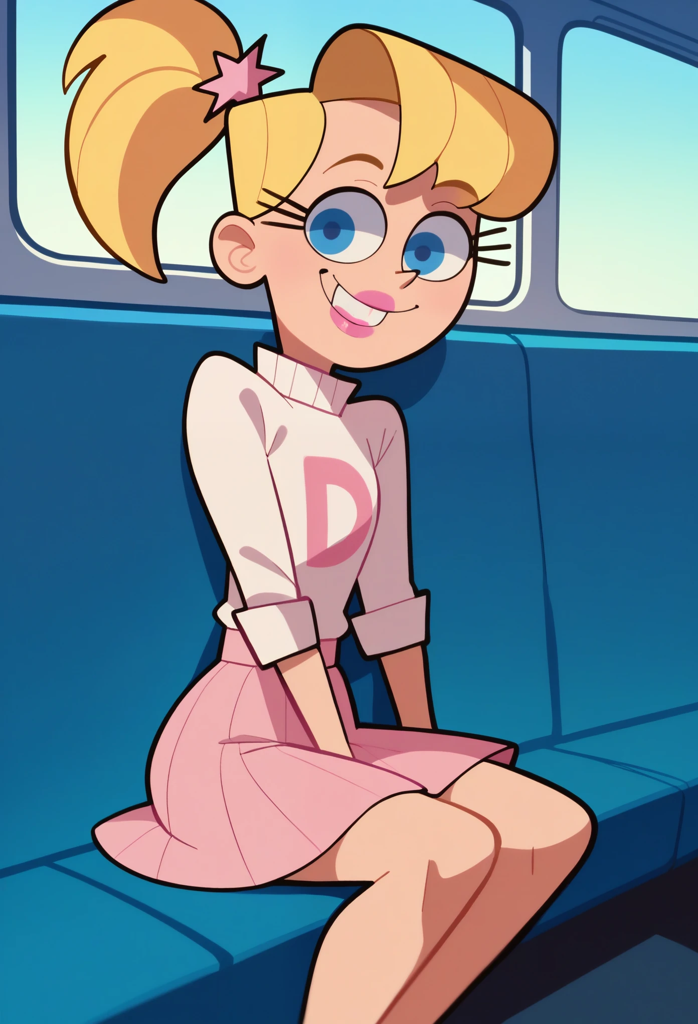 score_9, score_8_up, score_7_up solo, 1girl, vstar, big , blonde hair ponytail, blue eyes, pink lips, pink skirt, white turtleneck, sitting, bus interior, blank expression, window,, smiling