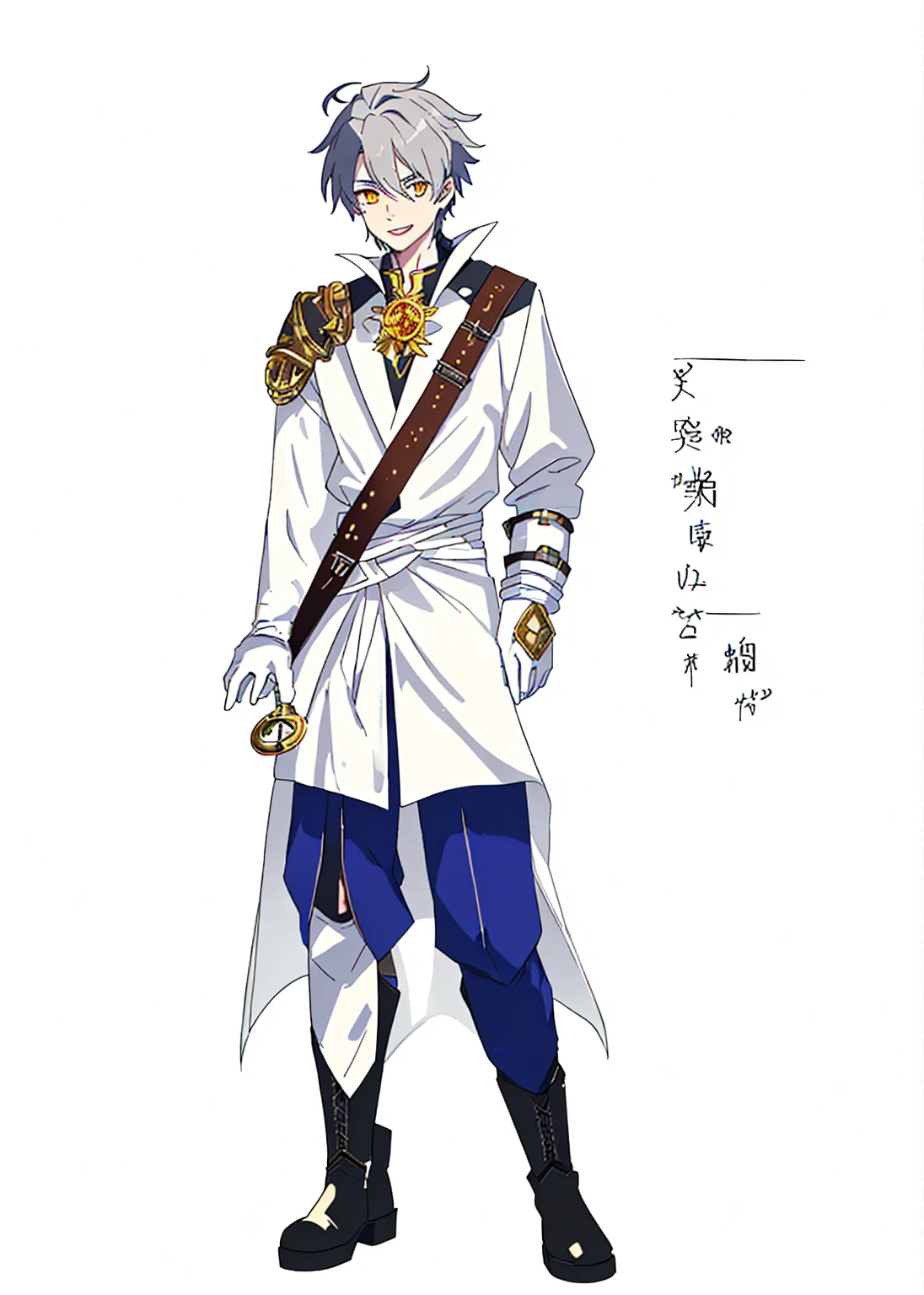 Anime, 1boy, A male character with messy gray hair and gray eyebrows to match. He has yellow eyes with black highlights and a wide smile showing his teeth. He is wearing a long white coat with yellow and brown accents, and a brown strap crossing from his right shoulder to his left waist. The character also wears white gloves, blue pants with black accents, and black boots. Behind him is a sword with a red gemstone on the pommel, which contains a clearly visible rune inside