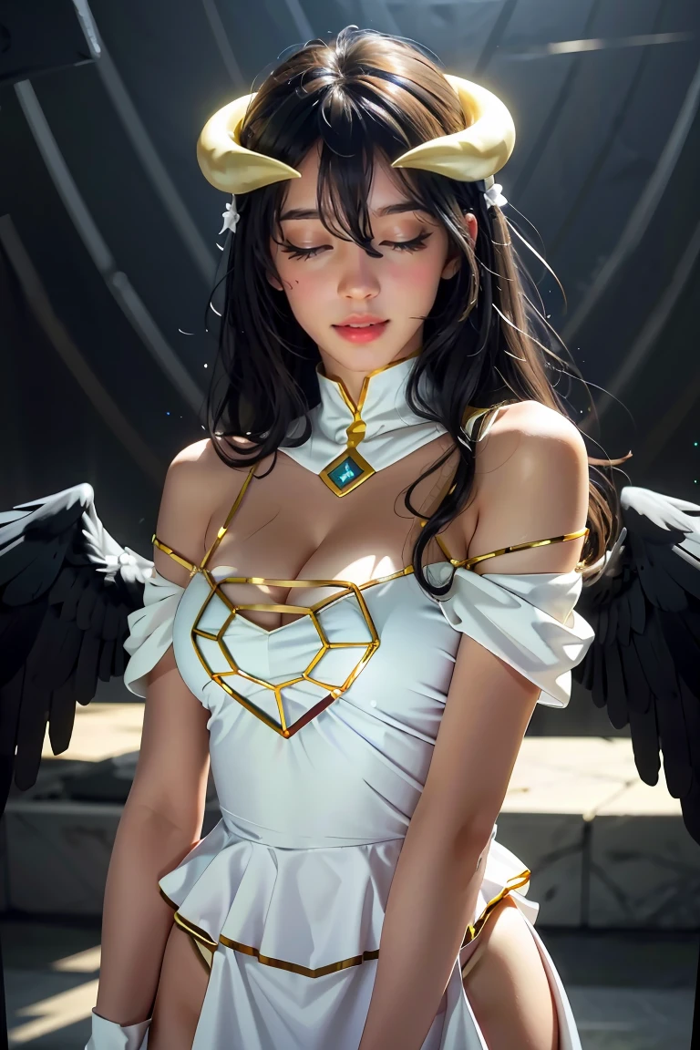 Masterpiece, Best quality, Ultra-detailed, illustration, epic lighting, Cinematic composition, isometry,(hexagons:1.2), 1girll, Horns, Solo, Yellow eyes, Black hair, Long hair, (Low wing:1.2), Large cleavage, Bare shoulders, hair between eye, Medium breasts, (White dress:1.1), Golden decoration, Detached collar, view the viewer, Semi-closed Eyes, (view the viewer:1.1), parted lip, Blush, Black feathers fall, Arena, particle fx, (8K:1.1)
