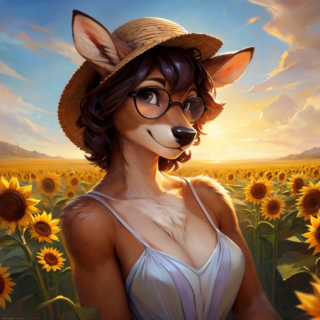 uploaded on e621, by Pixelsketcher, by Bayard Wu, by Thomas Benjamin Kennington , by Einshelm, by hioshiru and kenket, Chunie, portrait, solo anthro female deer doe, with small featureless , clear dark blue, cinematic lighting, day, sunny day, sunflower field, stays in a sunflower field, sunflower field background, mediterranean background, horizon background, shiny, short curly dark brown hair, wears big blalasses, very very beautiful furry art, furry art, smiling, joyful, shiny, happy, feminine, cute face, muzzle, fluffy chest, flawless face, Fallow deer, 1girl, Sakimichan is beautiful, Masterpiece, Wavethesallow Face, shiny, Detailed image, portrait, Detailed image, portrait, full body, wearing pure white and wide spaghetti straps dress, wearing big and wide beige summer straw hat, shiny, realistic face, perfect anatomy, hourglass body, (furry body:1.1), anthropomorphic deer, looks at the viewer, small fluffy tail, detailed background, (cute anatomy:1.1), stands in a lavender field
