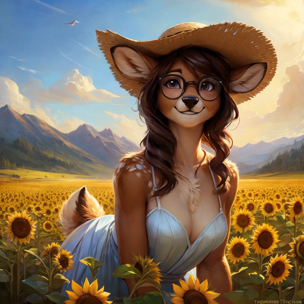 uploaded on e621, by Pixelsketcher, by Bayard Wu, by Thomas Benjamin Kennington , by Einshelm, by hioshiru and kenket, Chunie, portrait, solo anthro female deer doe, with small featureless breasts, clear dark blue, cinematic lighting, day, sunny day, sunflower field, stays in a sunflower field, sunflower field background, mediterranean background, horizon background, shiny, short curly dark brown hair, wears big black nerd glasses, very very beautiful furry art, furry art, smiling, joyful, shiny, happy, feminine, cute face, muzzle, fluffy chest, flawless face, Fallow deer, 1girl, Sakimichan is beautiful, Masterpiece, Wavethesallow Face, shiny, Detailed image, portrait, Detailed image, portrait, full body, wearing pure white and wide spaghetti straps dress, wearing big and wide beige summer straw hat, shiny, realistic face, perfect anatomy, hourglass body, (furry body:1.1), anthropomorphic deer, looks at the viewer, small fluffy tail, detailed background, (cute anatomy:1.1), stands in a lavender field