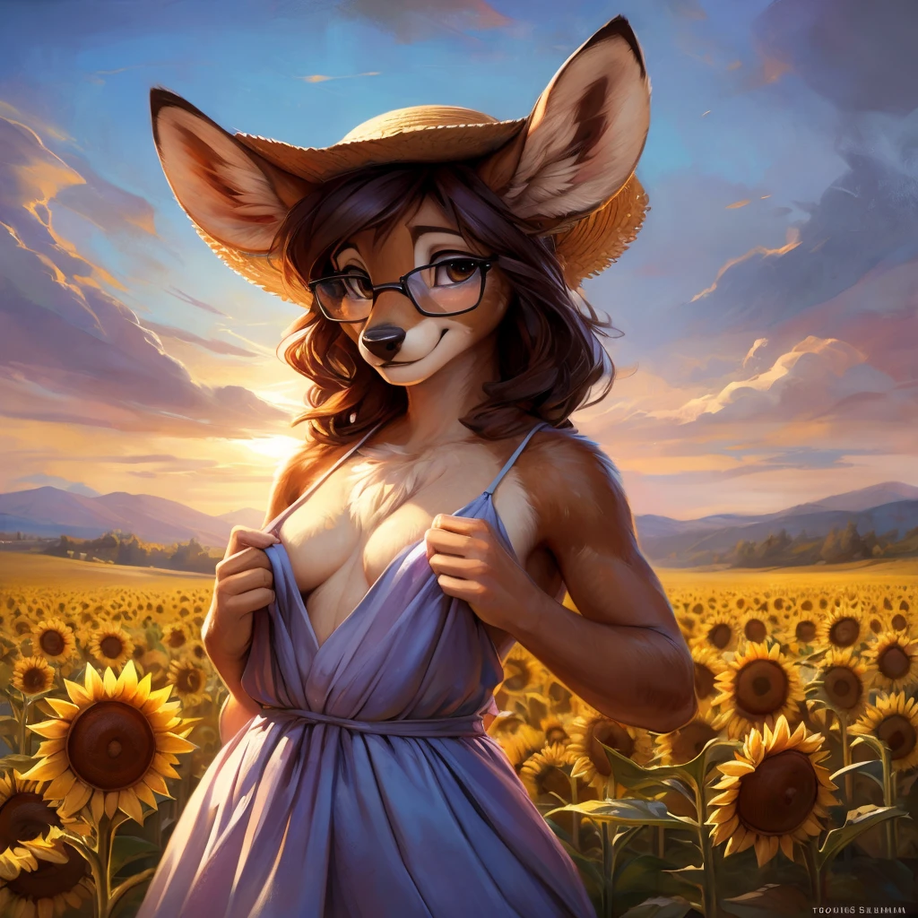 uploaded on e621, by Pixelsketcher, by Bayard Wu, by Thomas Benjamin Kennington , by Einshelm, by hioshiru and kenket, Chunie, portrait, solo anthro female deer doe, with small featureless breasts, clear dark blue, cinematic lighting, day, sunny day, sunflower field, stays in a sunflower field, sunflower field background, mediterranean background, horizon background, shiny, short curly dark brown hair, wears big black nerd glasses, very very beautiful furry art, furry art, smiling, joyful, shiny, happy, feminine, cute face, muzzle, fluffy chest, flawless face, Fallow deer, 1girl, Sakimichan is beautiful, Masterpiece, Wavethesallow Face, shiny, Detailed image, portrait, Detailed image, portrait, full body, wearing pure white and wide spaghetti straps dress, wearing big and wide beige summer straw hat, shiny, realistic face, perfect anatomy, hourglass body, (furry body:1.1), anthropomorphic deer, looks at the viewer, small fluffy tail, detailed background, (cute anatomy:1.1), stands in a lavender field
