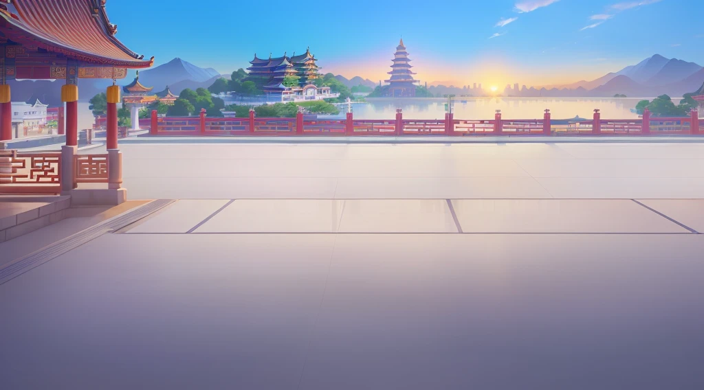A cartoon illustration of Chinese buildings with a lake view, Palace Background, Temple Background, background technology, Downtown Background, ballroom background, Volleyball court background, Arena Background, Depicting the background of the temple, zen Temple Background, background technologywork, anime background technology, Landscape background, City street background, Anime Background, Mobile game background, Background Image, Shopping mall background