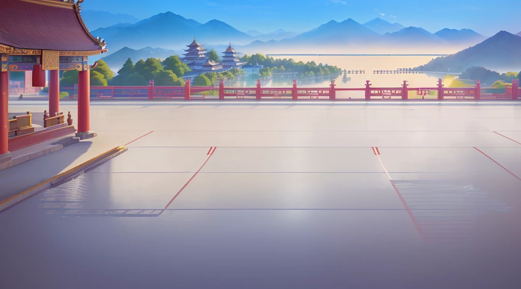 A cartoon illustration of Chinese buildings with a lake view, Palace Background, Temple Background, background technology, Downtown Background, ballroom background, Volleyball court background, Arena Background, Depicting the background of the temple, zen Temple Background, background technologywork, anime background technology, Landscape background, City street background, Anime Background, Mobile game background, Background Image, Shopping mall background