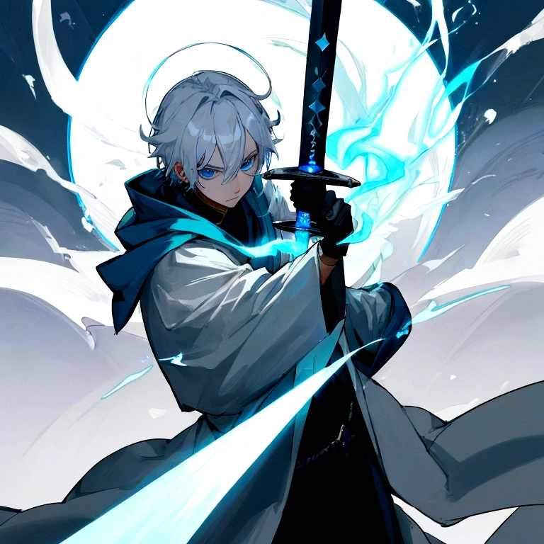 Sorcerer Divine Soul man, he has a silver hair and blue eyes, he wear a hood and wear gloves , hold sword with hand.