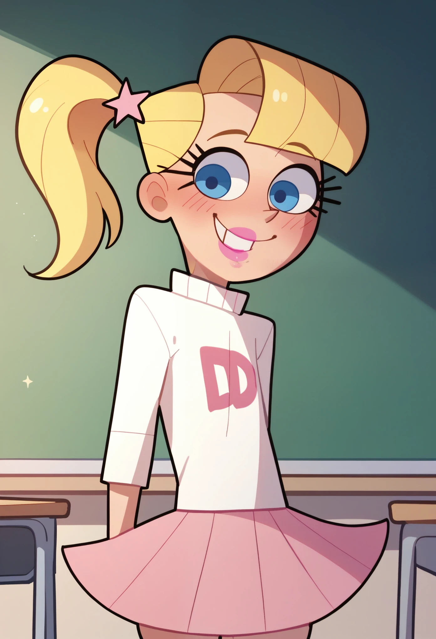 score_9, score_8_up, score_7_up solo, 1girl, vstar, big , blonde hair ponytail, blue eyes, pink lips, pink skirt, white turtleneck, medium elbow squeeze, breasts squeezed together, classroom, blushing, biting lip