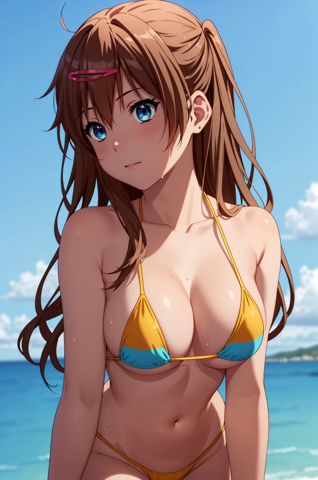 ((masterpiece, Highest quality, High resolution, uhd, Pixel perfect, Depth of written boundary, 4K, RTX, HDR)), 1 Girl, single, alone, 24-years-old, Anime Girls, Beautiful art style, anime character, ((Parted bangs, Brown Hair)), (blue eyes、Round eyes, Delicate eyelashes、Beautiful eyelashes, Perfect Eyes), (Detailed face:1.2), (Smooth texture:0.75, Realistic texture:0.65, Realistic:1.2, Cinematic, Anime CG Style), Perfect body, Ocean:1.3、Moderately good breasts:1.7、Micro Bikini:1.8、Visible from the thighs:1.9、Wet、Water Drop、Splash、nsfw、visible from below、Seen from behind